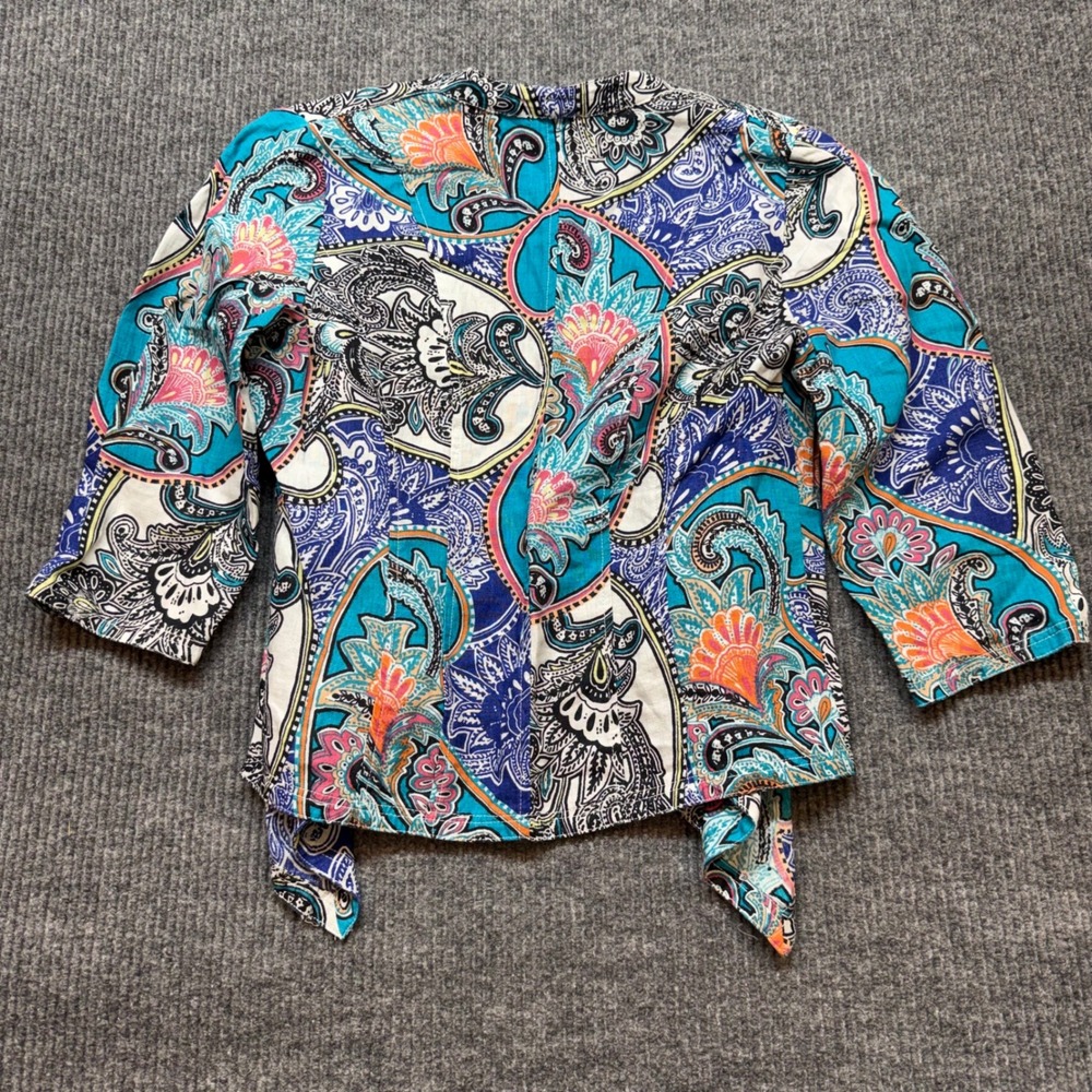 Chico's Paisley Linen Open Front Cardigan Size 8 Boho‎ Drape Lightweight Top - Picture 8 of 10